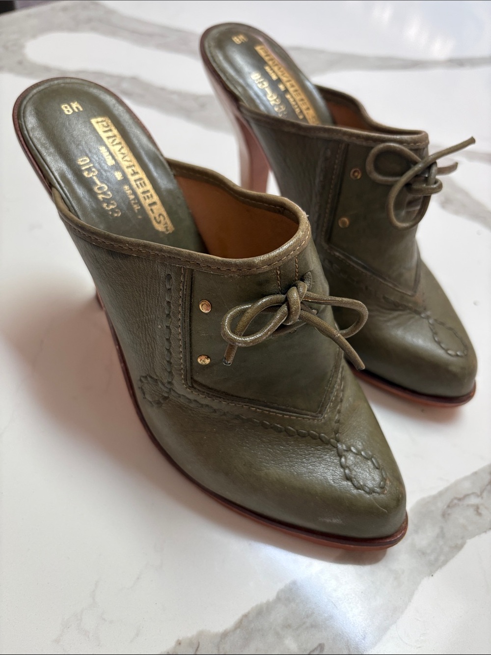 Olive Green Leather Lace-Front Mules by Unknown Brand